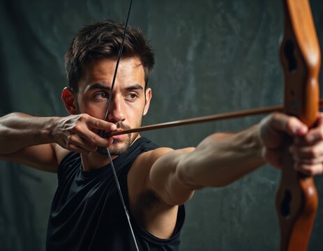 Man aims bow and arrow, focused on target with intense concentration. Athlete practices archery skill, preparing to shoot arrow with precision and power, showing dedication.