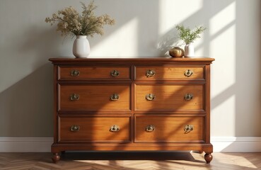 Six drawer wooden dresser with brass hardware in warm finish. Two vases with dried plants and green branches adorn the top. Sunlight streams across the piece, casting shadows.