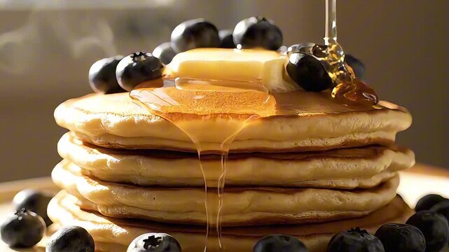 Golden Pancake Delight: A stack of fluffy pancakes drizzled with sweet golden honey, garnished with fresh blueberries and a dollop of creamy butter, creates a tempting breakfast treat.