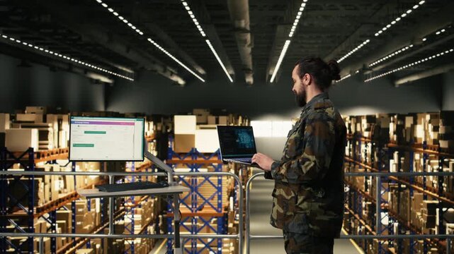 Armed forces staff leveraging artificial intelligence and cloud computing, warehouse logistics management. Black soldier reviewing AI software interface with neural networks for secure defense.