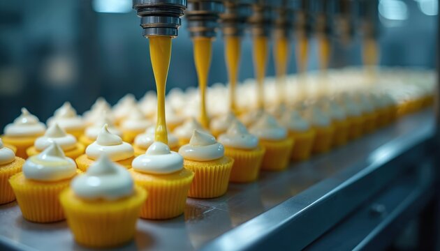 Automated pastry line fills cupcake molds with cream. Industrial food tech process creates sweet treats. Baking machinery prepares dessert portions efficiently for mass market.