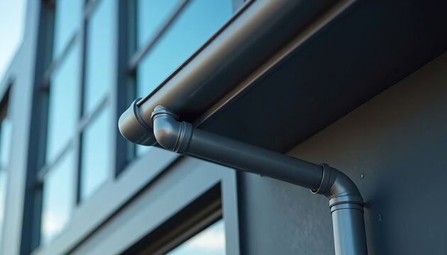 Modern building exterior rain gutter system with sleek windows and a smooth grey finish. Rainwater drainage pipe detail on wall. Contemporary urban architecture.