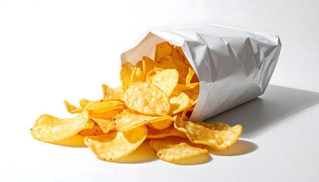 Bag of golden potato crisps spills onto a white surface, creating a delicious heap