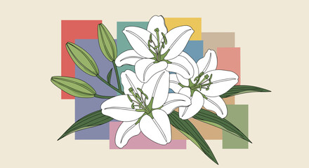 Fototapeta premium A beautiful illustration of white lilies with green leaves against a colorful geometric background in a modern style
