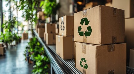 Eco-friendly cardboard boxes in warehouse; sustainable packaging; green plants in background; e-commerce