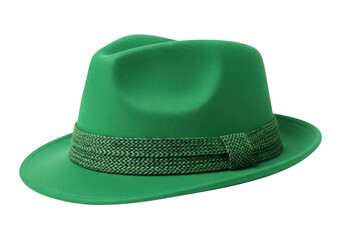 A stylish green fedora hat with a decorative band, isolated on transparent background