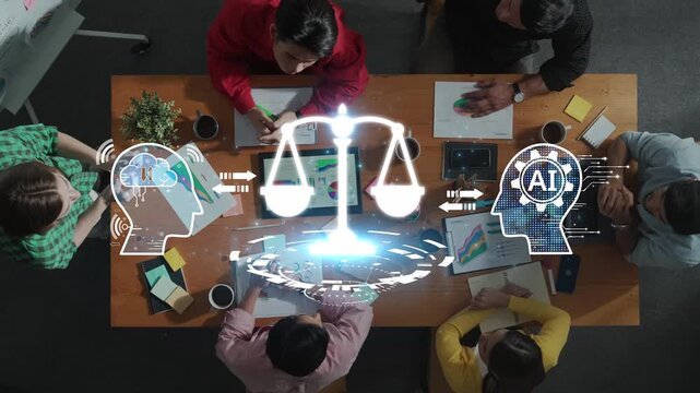 Diverse Team Collaborating on Ethics in Artificial Intelligence at Modern Office with Illustrative Icons Representing AI and Justice. Raster.