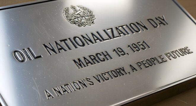 Close-up of a metal plaque commemorating Oil Nationalization Day on March 19, 1951, with a seal, against a brown background.