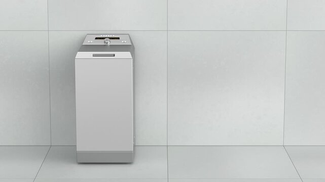 Modern silver top-loading washing machine in bathroom