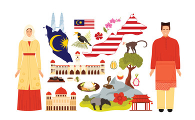 Travel to Malaysia set. Malaysian people in traditional dress and map with country flag pattern, tropical fruits and Nasi Lemak, nature and famous landmarks for tourist cartoon vector illustration © Flash Vector
