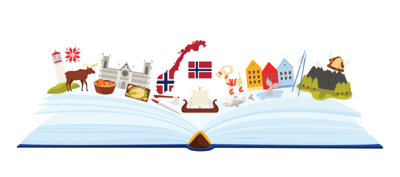 Norway culture elements and nature mountain and fjord landscape, Norwegian landmarks and language study in infographic book collage with traditional food, buildings cartoon vector illustration