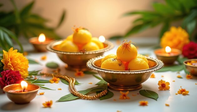 Golden bowls hold Indian sweets peda decorated with flowers, lit candles. Festive arrangement features rich green leaves, yellow marigolds, creating warm, inviting ambiance for celebrations, cultural