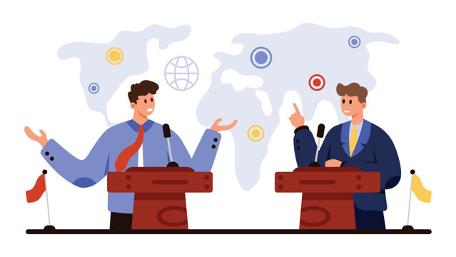 Debates, meeting of international leaders at world map. Politicians, diplomats and speakers at podiums with microphones and flags talk pointing to points of conflict cartoon vector illustration