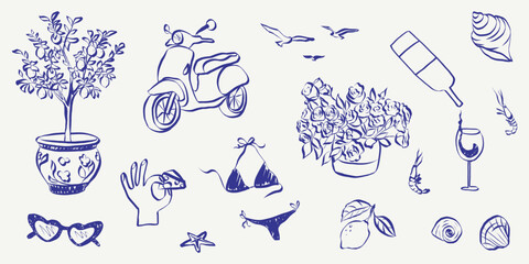 Fototapeta premium Coastal vacation graphics with Mediterranean flair: sketch lemons, waves, shells, and retro travel stamps. Perfect for restaurant menus, tropical posters, or seaside branding projects