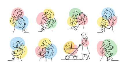 Fototapeta premium Mother Caring for Baby in Various Scenes.