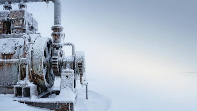 Frozen rusted industrial machine covered in ice in snowy arctic tundra landscape