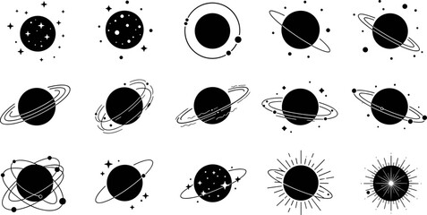 planet icon set, solar system vector collection, space symbols, galaxy elements, orbit planets, astronomy icons, minimal cosmic illustration pack © MstMinara