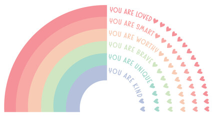 Fototapeta premium Citrus Rainbow Affirmations Poster with Hearts, You Are Loved Inspirational Wall Art for Kids Room, Nursery, Positivity and Self Love