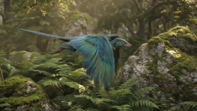Blue feathered dinosaur flying through prehistoric forest with ferns and mossy rocks