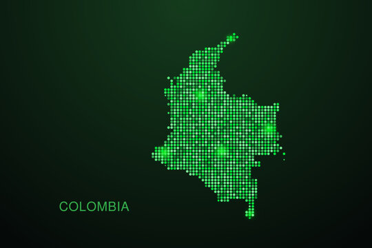 Colombia Map - Digital dotted map with glowing green points on dark background, modern technology style, abstract data network design, clean minimal geometric vector illustration.