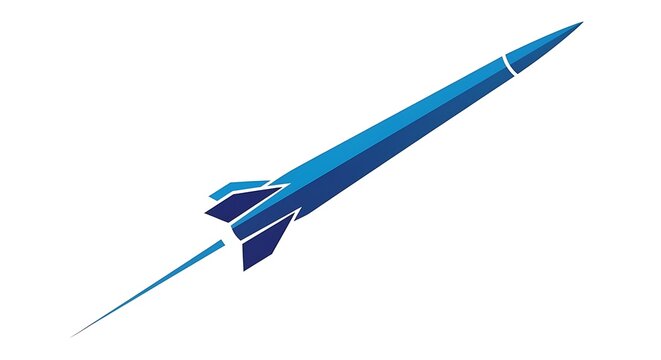 Minimalist blue rocket icon showing stylized sharp missile launching upwards on white background for startup growth or high speed technology metaphors
