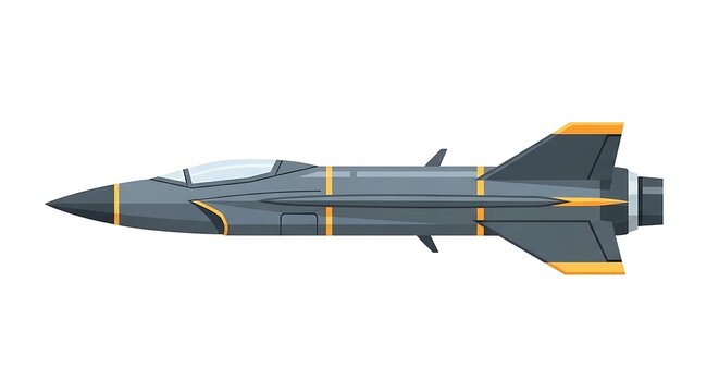 Modern military jet aircraft or fighter plane flat vector illustration, gray and yellow warplane isolated on white background