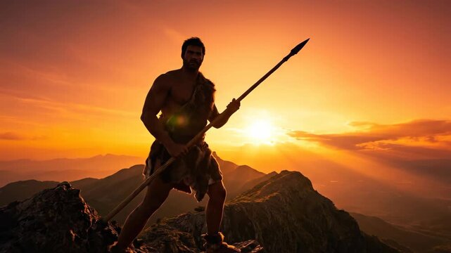 Primitive Man Hunter Standing with Spear on Mountain Peak at Sunset