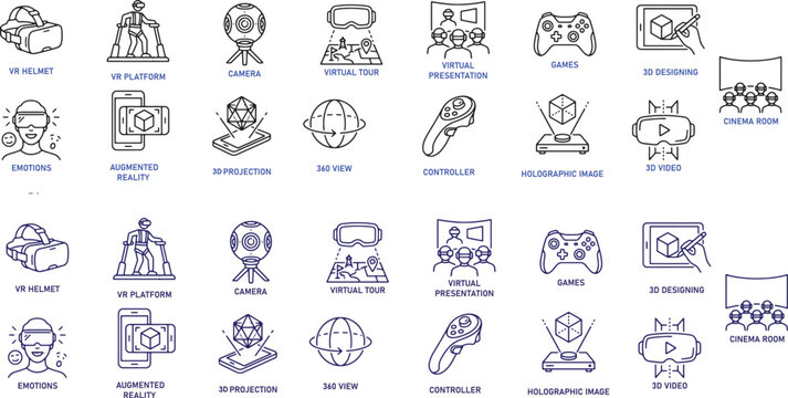  Virtual reality and 3D technology related icon set VR helmet augmented reality 3D projection