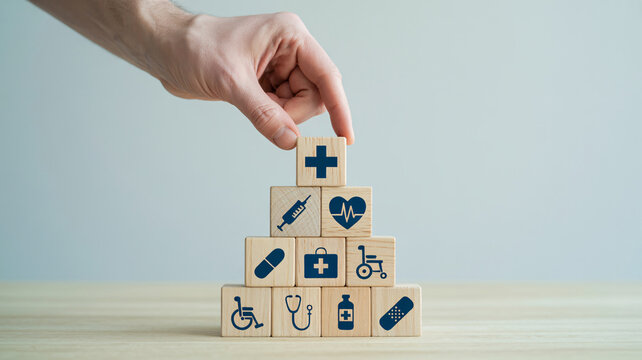 Hand arranging wooden blocks with healthcare icons in pyramid shape