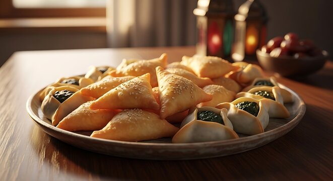 a plate of traditional middle eastern fatayer pastries and spinach pies served with dates and ramadan lanterns.