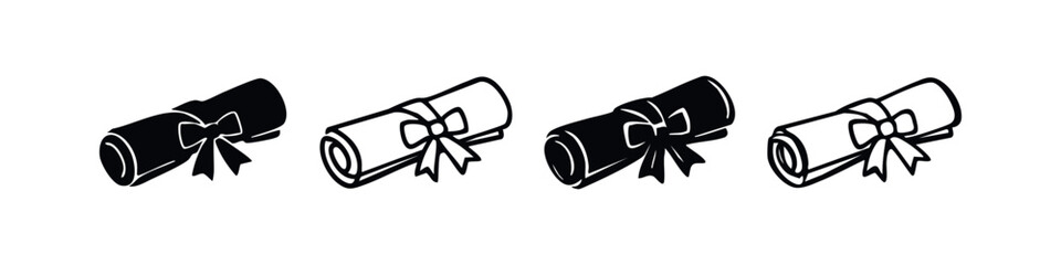 Collection of black and white rolled diploma icons with ribbons.
