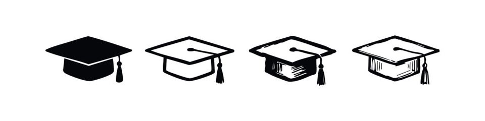 Diverse set of black and white academic graduation cap icons.