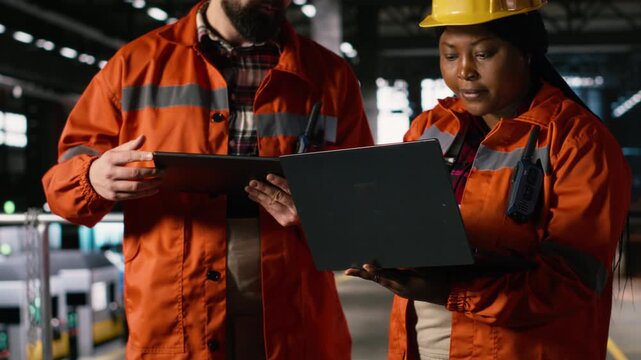 Diverse engineers coordinate operations across heavy industry production line, engineering plant. Overseeing operations with heavy equipment and industrial design for manufacturing workflow.
