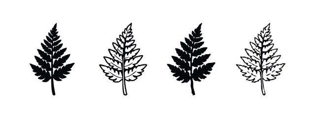 Various stylized fern leaf designs in black and white solid and outline styles, ideal for nature-themed graphics. © liubomir118809