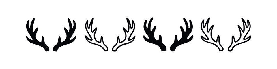 Obraz premium Deer antlers silhouettes and outline icons set. Forest animal horn vector illustrations.