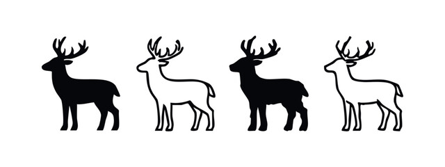 Fototapeta premium Deer buck silhouettes and outline icons set. Wild forest animal vector illustrations.