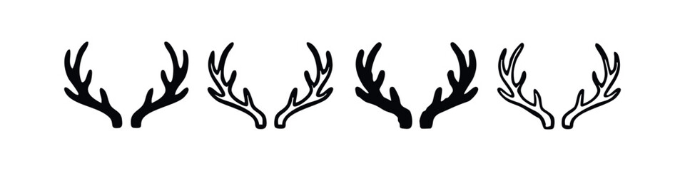 Obraz premium Deer antlers silhouettes and outline icons set. Forest animal horn vector illustrations.