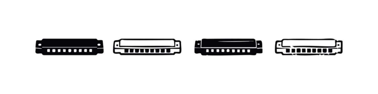 Hand-drawn harmonica icon set. Mouth organ vector collection in black and white.