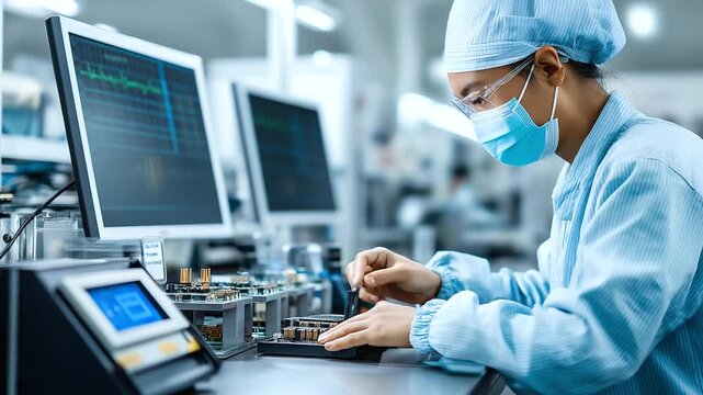 Faceless worker carefully assembling and inspecting battery cells, electronic meters measuring charge levels and performance statistics on nearby monitors, with copy space