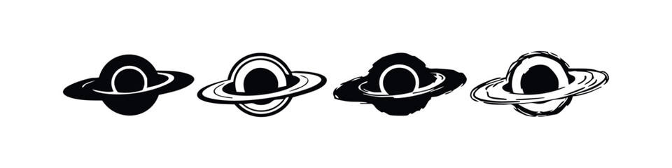 Ringed planet icons resembling Saturn, solid and outline vector illustrations for space exploration © liubomir118809