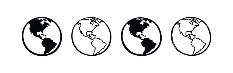 Obraz premium Earth globe icons showing Americas, solid and outline vector illustrations for global themes