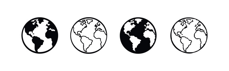 Obraz premium Planet Earth Globe Icon Set - Global Map Black and White Vectors