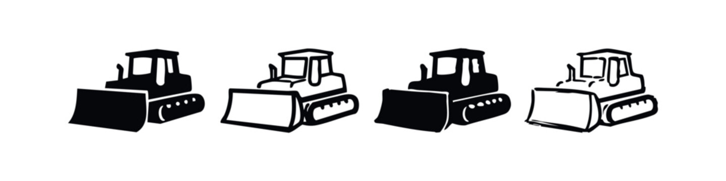 Bulldozer icons set. Heavy construction machinery symbols for earthmoving and excavation.
