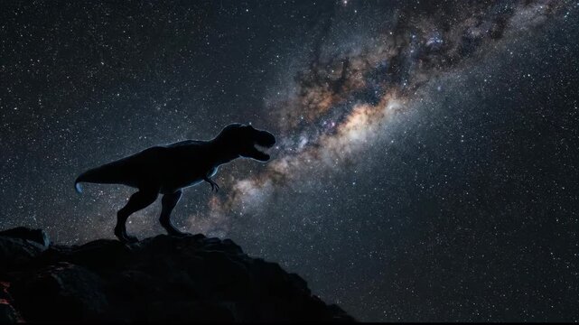 Tyrannosaurus Rex Silhouette on Rock Against Milky Way Night Sky 3D Render
