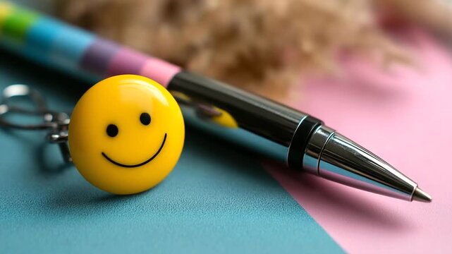Fun and playful pin featuring bright smiley face illustrating joy and positivity in compact and creative design, cheerful marker, with copy space