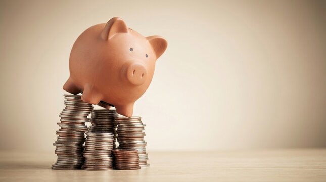 Inflation, Recession, Hyperinflation, Cost of living, Interest rate, Piggy bank, Savings balanced precariously on uneven coin stacks symbolizing financial instability and risk.