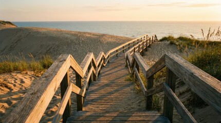 Fototapeta premium Winding wooden stairs lead to sandy beach at sunset, serene coastal scenery