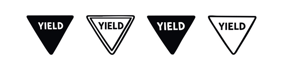 Yield sign icon set in different styles. Vector illustration of triangular road signs on a white background.
