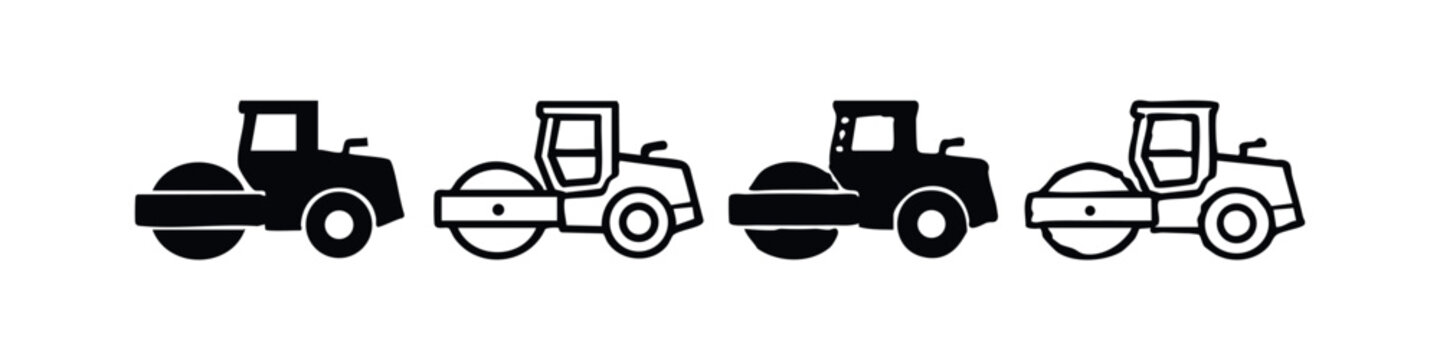 Hand Drawn Road Roller Icons Collection. Artistic Construction Vehicle Sketch Vector Set. Compactor Machine Symbols.