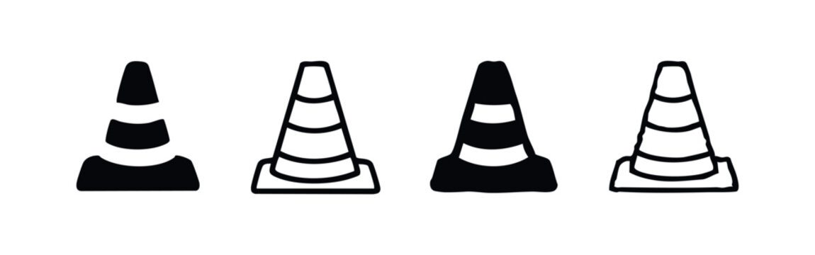 Traffic cone icon set in different styles. Vector illustration of road safety symbols on a white background.